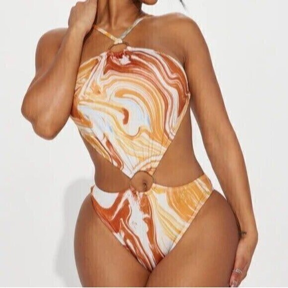 Envya Multicolor‎ Marbled 1 Piece Swimsuit Halter Neck Size Small RefN04 - Picture 2 of 7